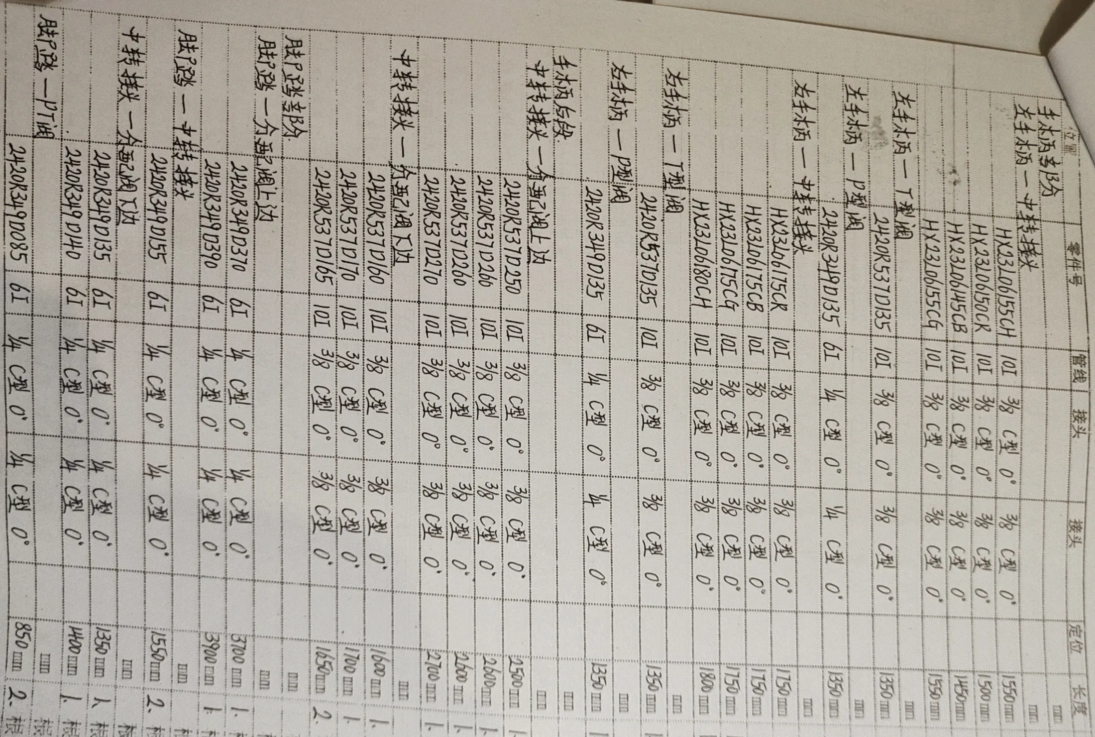Kobelco SK330-8 hydraulic hose part numbers and recorded lengths — technician notebook page 3 of 5