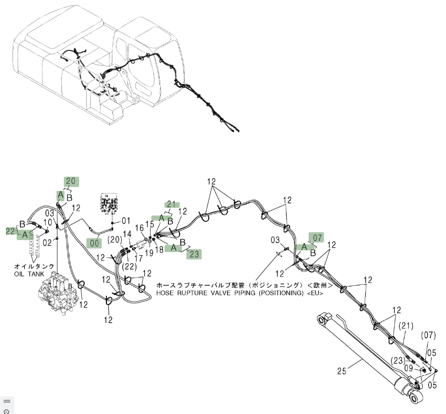 Hitachi ZX210W installation diagram showing hydraulic hose 4613731 at Pipe No. 21A