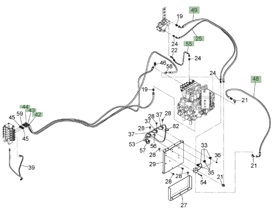 Hitachi ZX210W-3 installation diagram showing hydraulic hose 4618606 at Pipe No. 55
