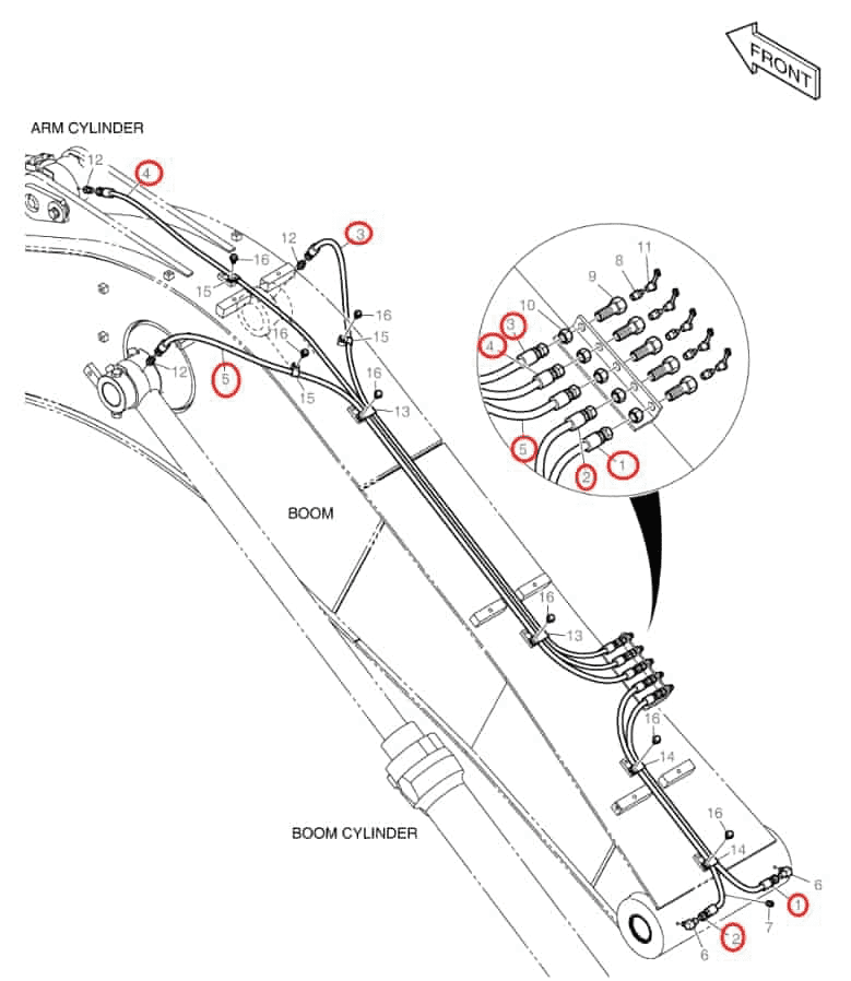 Doosan DX140W-3 installation diagram showing hydraulic hose 2184-1045D236 at Pipe No. 4