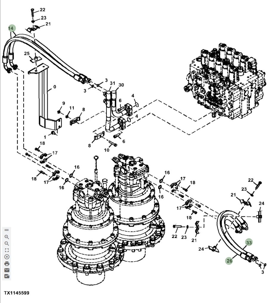 Hitachi ZX870LC-5G installation diagram showing hydraulic hose 4702048 at Pipe No. 26