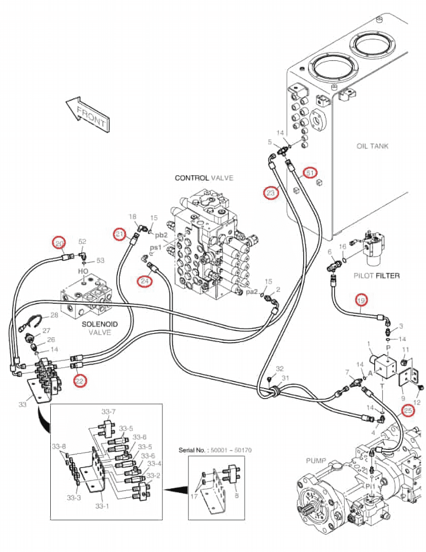 Doosan DX140LC installation diagram showing hydraulic hose DS2093193 at Pipe No. 22