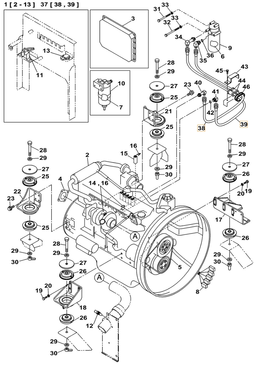 Case CX360B installation diagram showing hydraulic hose KSH1056 at Pipe No. 39