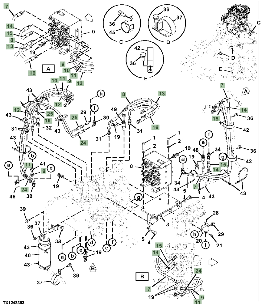 Hitachi ZX190W-6N installation diagram showing hydraulic hose 4713483 at Pipe No. 15
