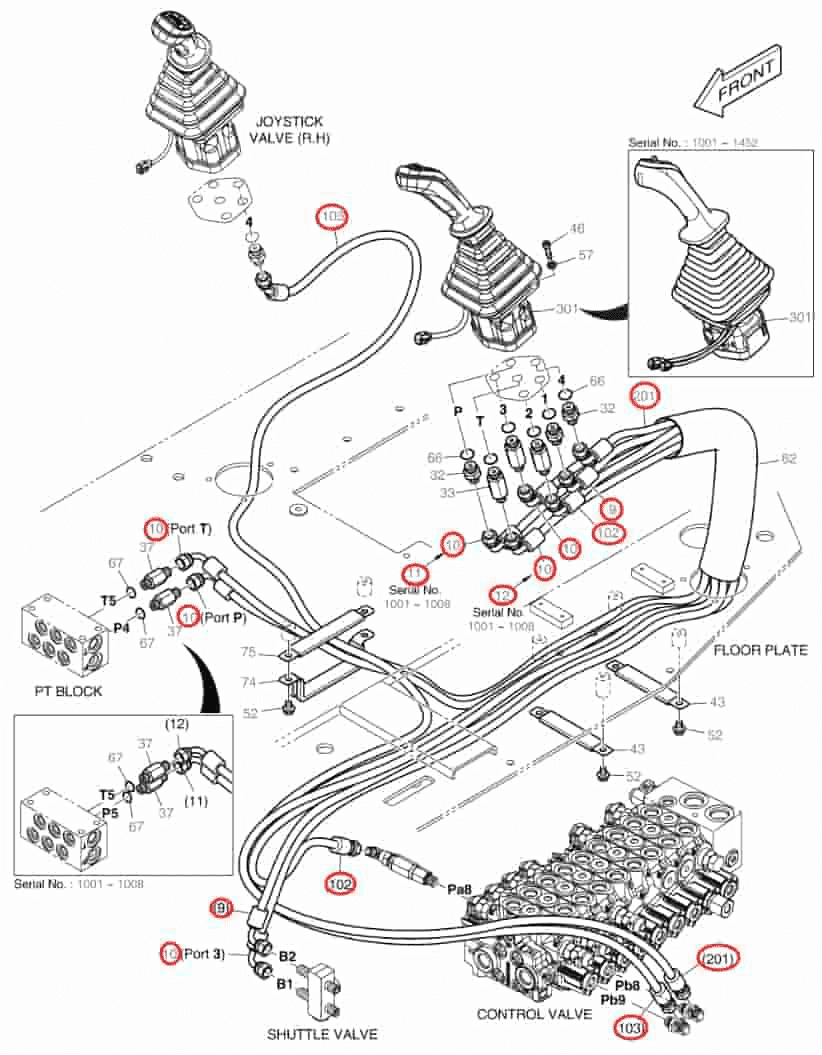 Doosan DX63-3 installation diagram showing hydraulic hose DS2093393 at Pipe No. 201