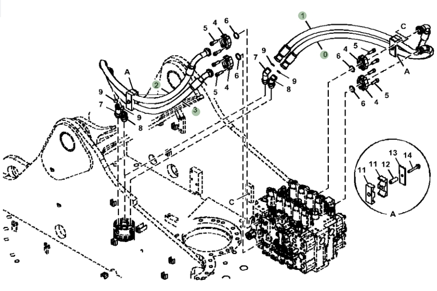 Hitachi ZX470LC-5G installation diagram showing hydraulic hose 4651807 at Pipe No. 0