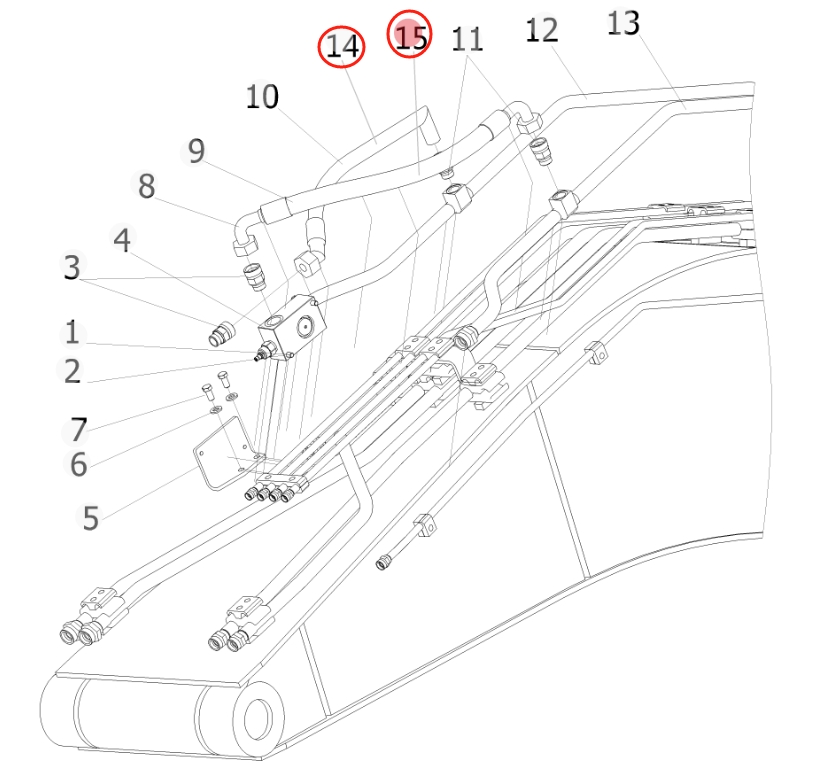 Sunward SWE155F installation diagram showing hydraulic hose 730504007980 at Pipe No. 15