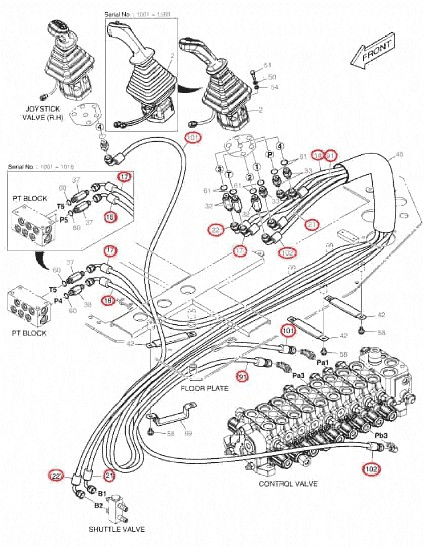 Doosan DX85R-3 installation diagram showing hydraulic hose DS2091276 at Pipe No. 22
