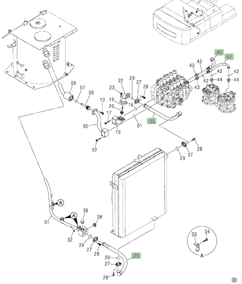 Hitachi ZX450LC installation diagram showing hydraulic hose 4323284 at Pipe No. 40