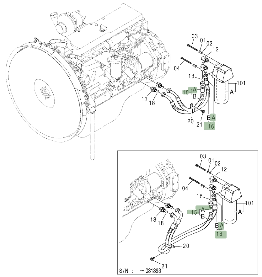 Hitachi ZX370 installation diagram showing hydraulic hose 4443751 at Pipe No. 15A