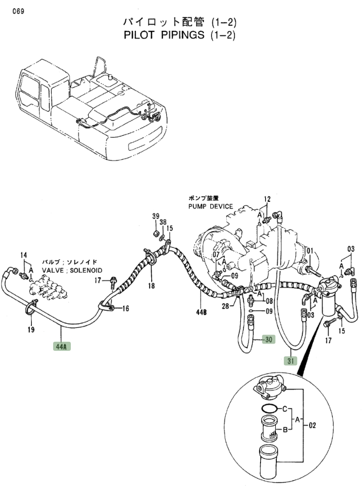 Hitachi EX300LC-3 installation diagram showing hydraulic hose 4197724 at Pipe No. 30