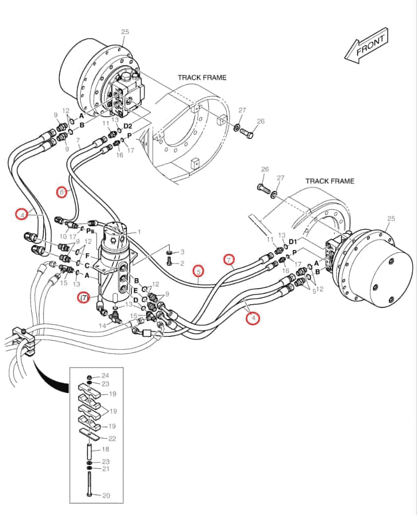 Doosan DX85R-3 installation diagram showing hydraulic hose DS2092129 at Pipe No. 7