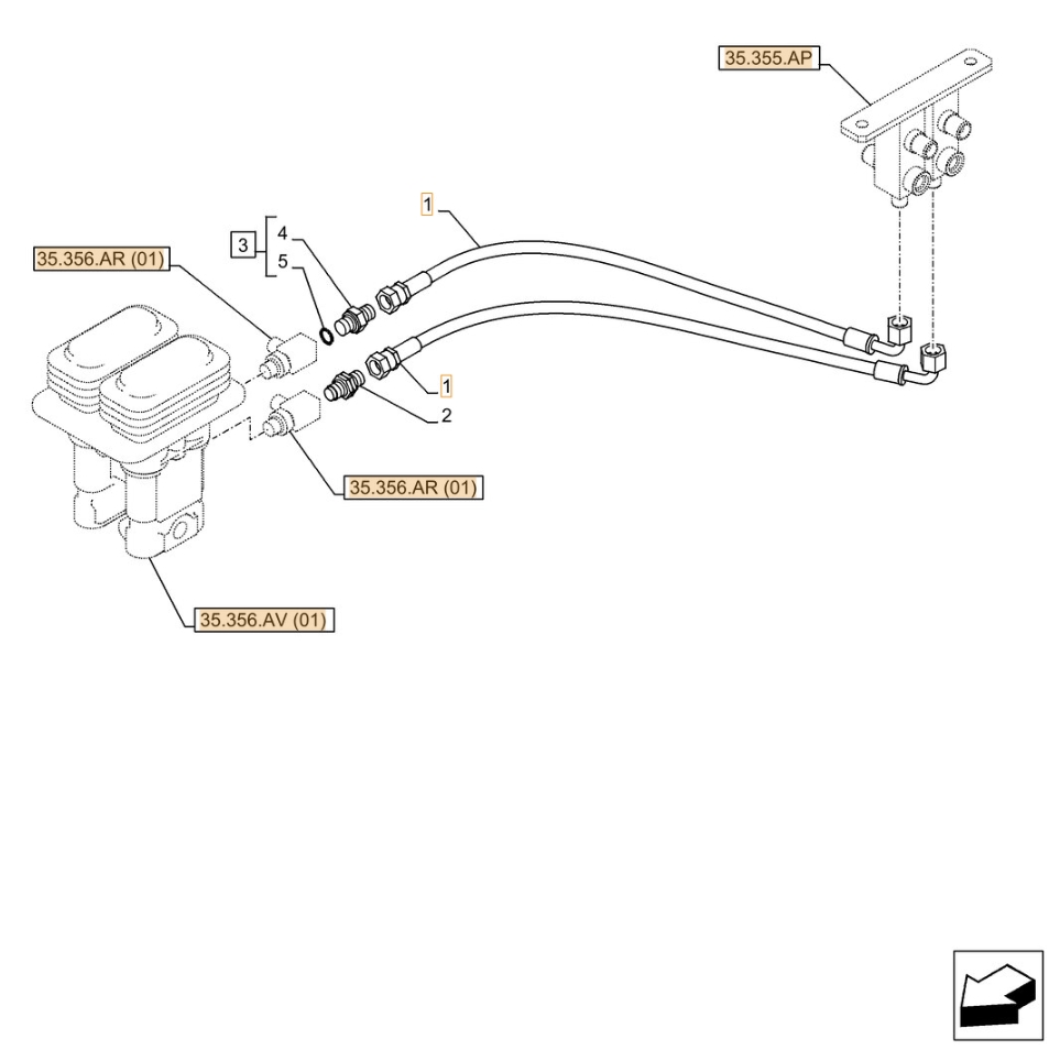 Case CX370D LC installation diagram showing hydraulic hose KHJ2093 at Pipe No. 1