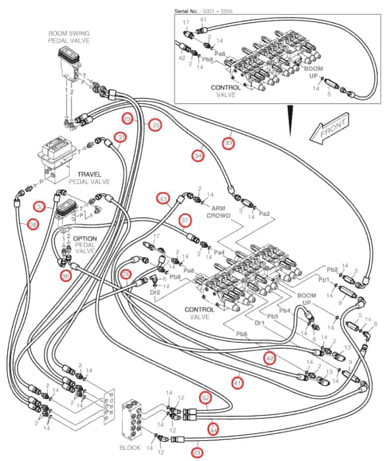 Doosan DX27Z installation diagram showing hydraulic hose DS2093036 at Pipe No. 41