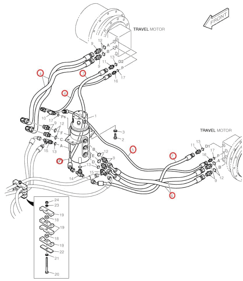 Doosan DX80R installation diagram showing hydraulic hose DS2092129 at Pipe No. 7