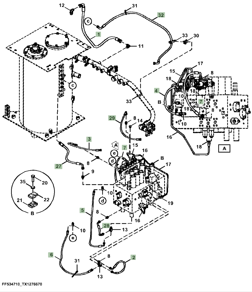 Hitachi ZX210-5A installation diagram showing hydraulic hose 4656809 at Pipe No. 4