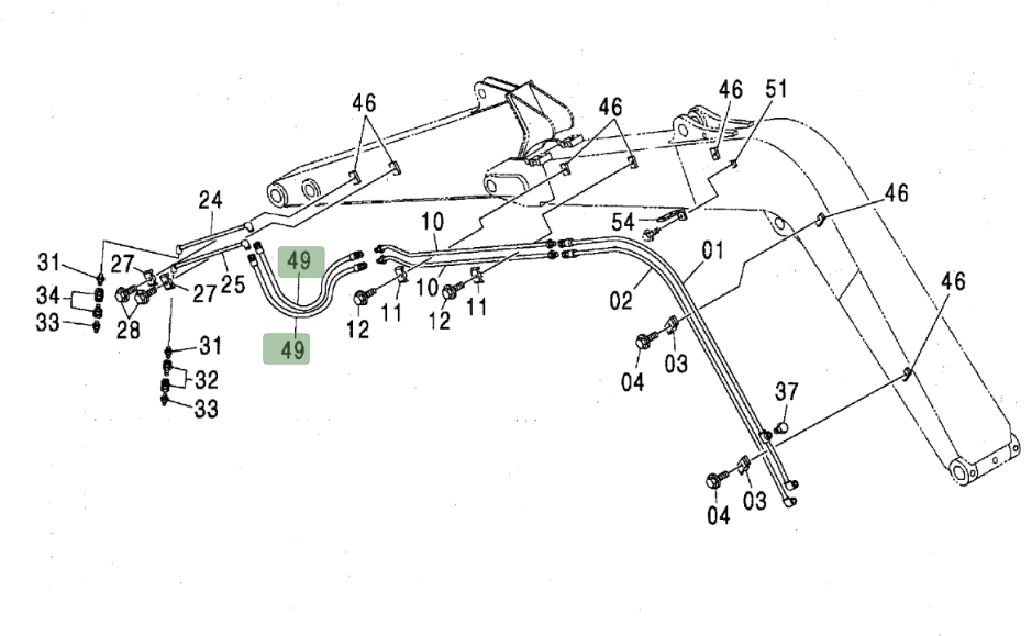 Hitachi ZX80 installation diagram showing hydraulic hose 4466630 at Pipe No. 49