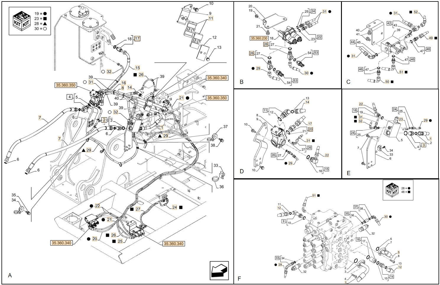 Case CX130D installation diagram showing hydraulic hose KHJ2581 at Pipe No. A25-E23