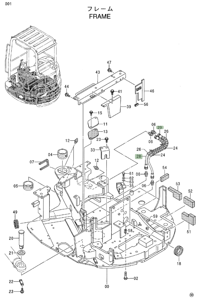 Hitachi EX35U installation diagram showing hydraulic hose 4428744 at Pipe No. 29