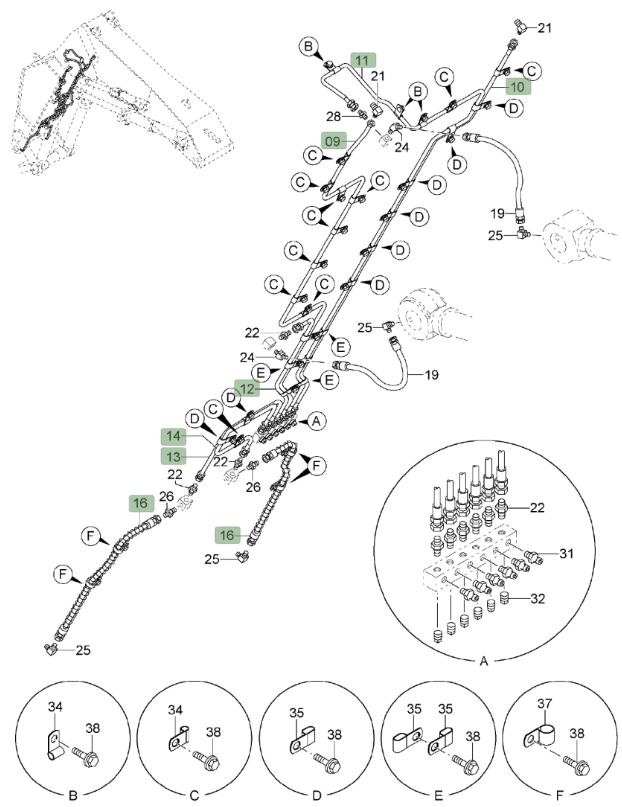Hitachi ZX850LC-3 installation diagram showing hydraulic hose 4393008 at Pipe No. 14
