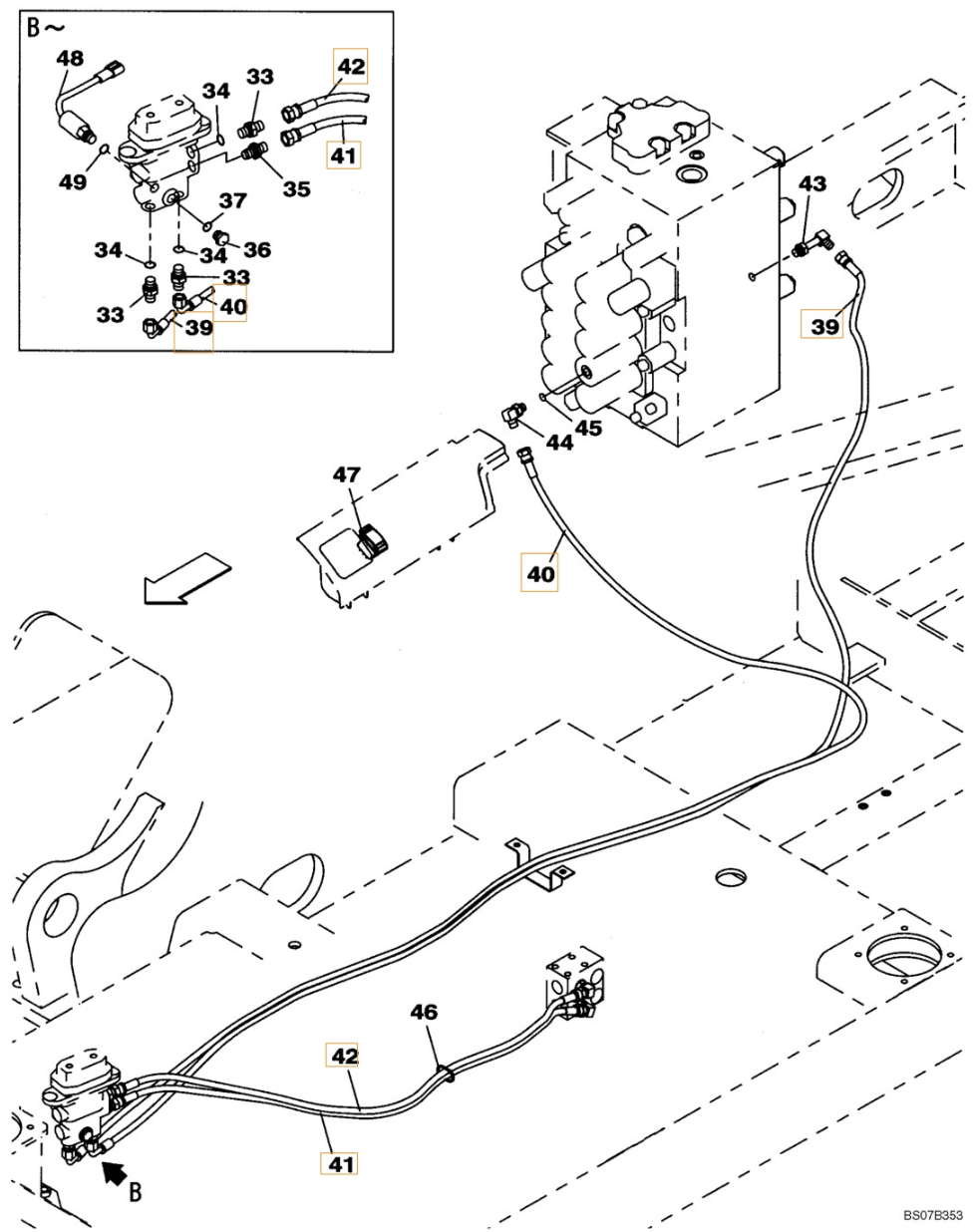 Case CX210BLR installation diagram showing hydraulic hose KHJ2165 at Pipe No. 39