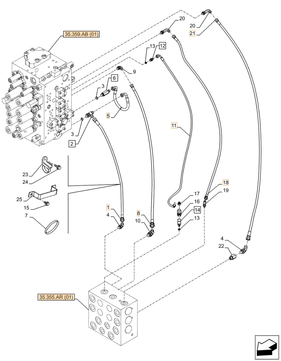 Case CX300D LC installation diagram showing hydraulic hose KHJ2058 at Pipe No. 8