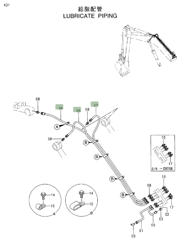 Hitachi EX100M-5 installation diagram showing hydraulic hose 4252837 at Pipe No. 4