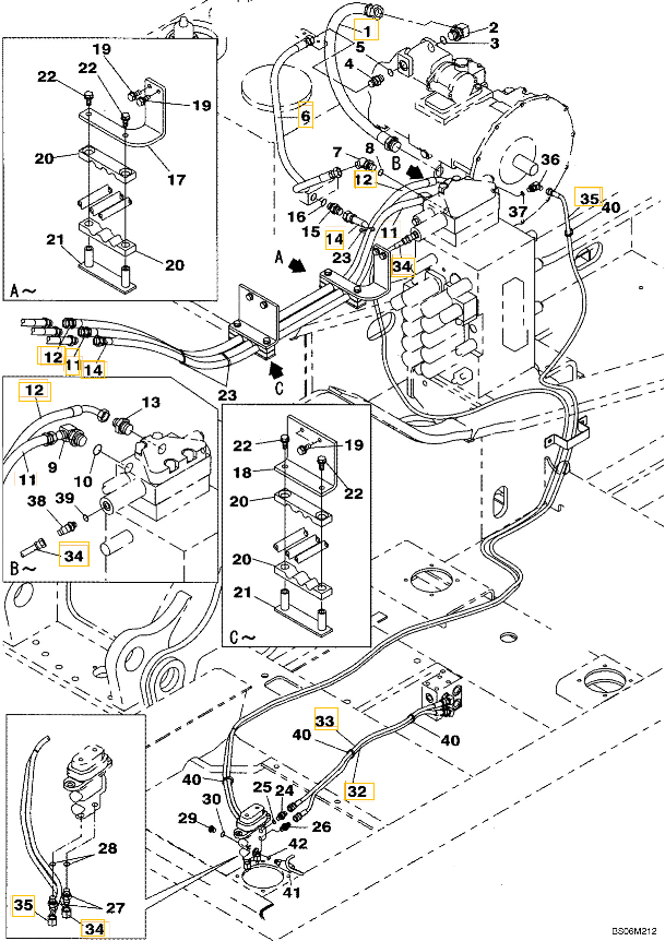 Case CX290B installation diagram showing hydraulic hose KHJ11480 at Pipe No. 34