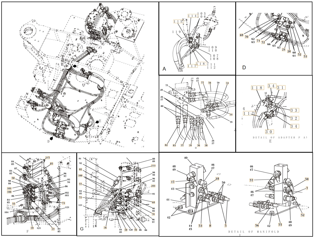 Case CX80 installation diagram showing hydraulic hose KHJ2255 at Pipe No. 36
