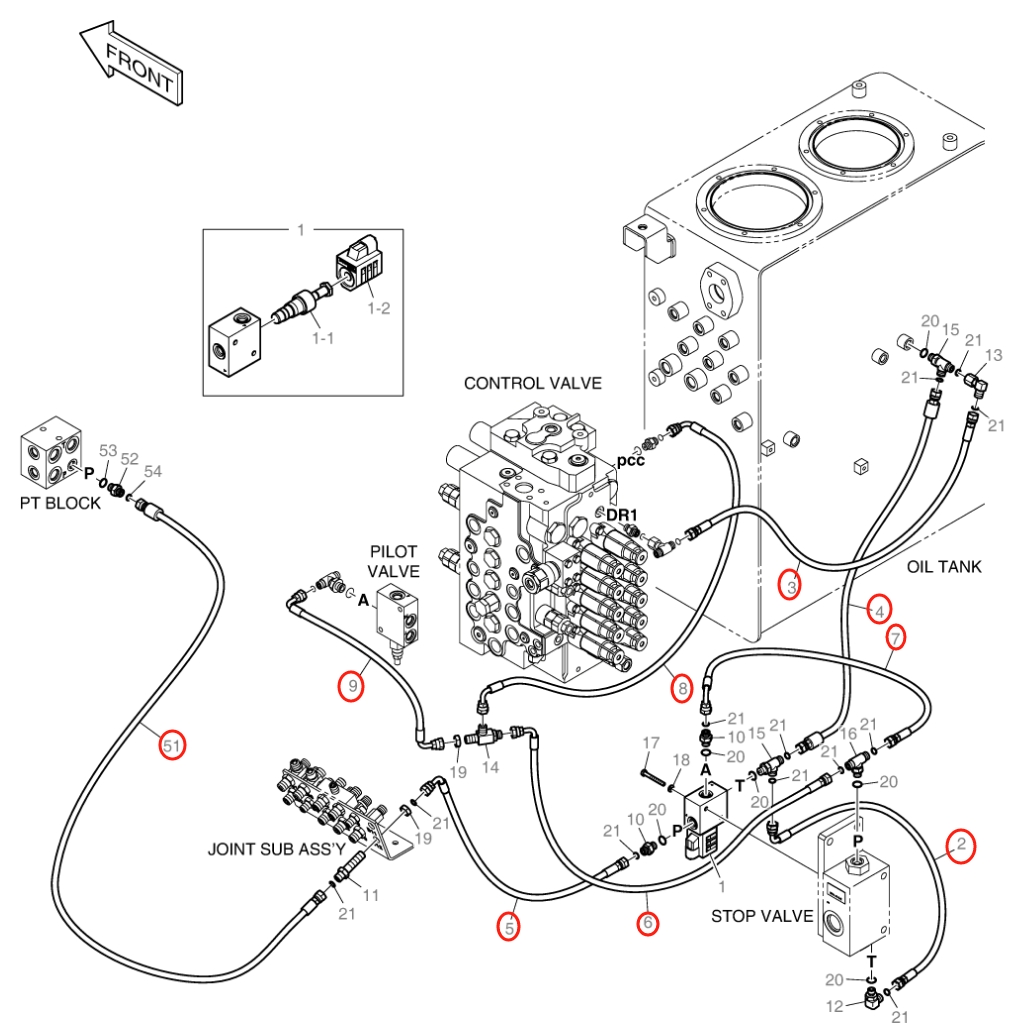 Doosan DX140W-5 installation diagram showing hydraulic hose DS2121004 at Pipe No. 5