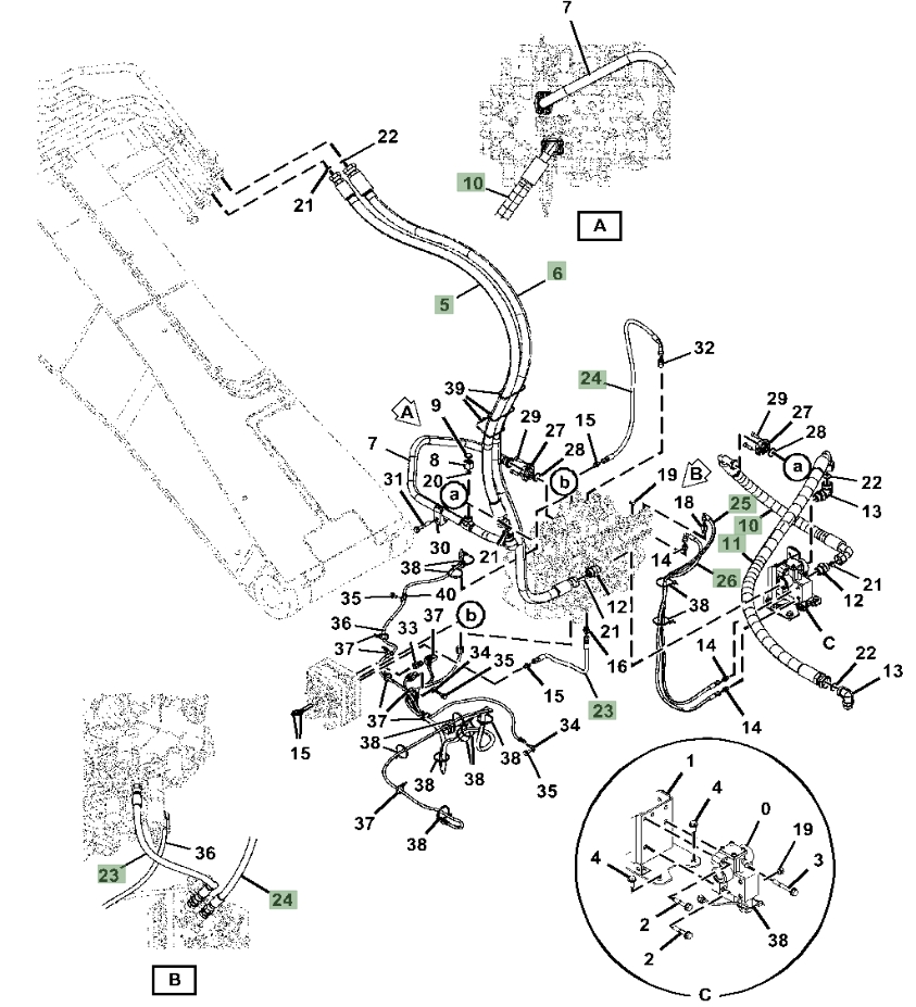 Hitachi ZX345USLC-6N installation diagram showing hydraulic hose 4671343 at Pipe No. 26
