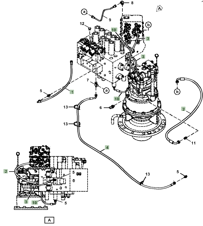 Hitachi ZX210-5A installation diagram showing hydraulic hose 4427111 at Pipe No. 1