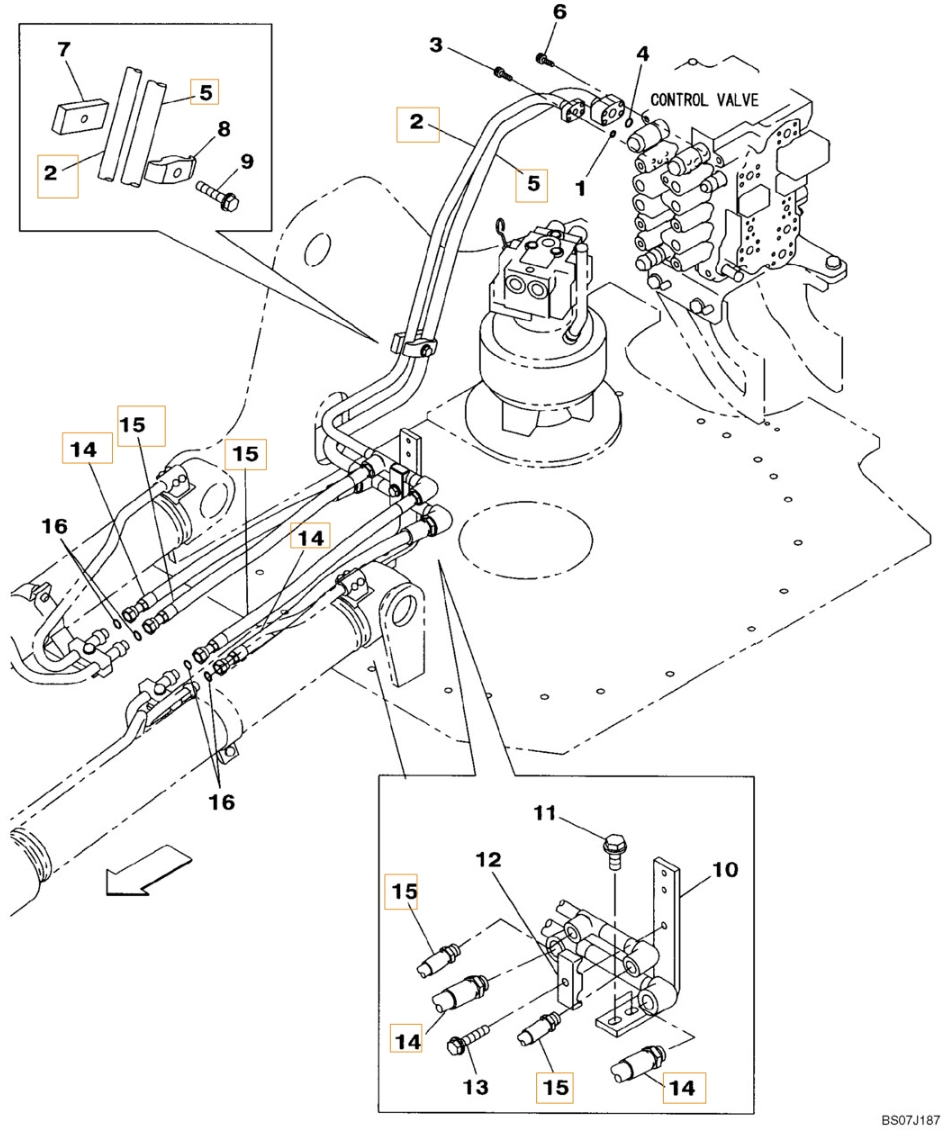 Case CX130B installation diagram showing hydraulic hose KLJ10660 at Pipe No. 14