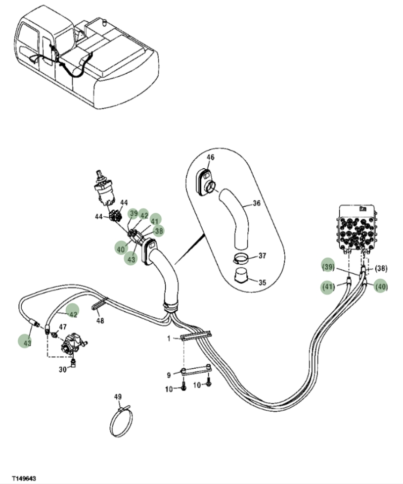 Hitachi ZX200F installation diagram showing hydraulic hose 4438290 at Pipe No. 43