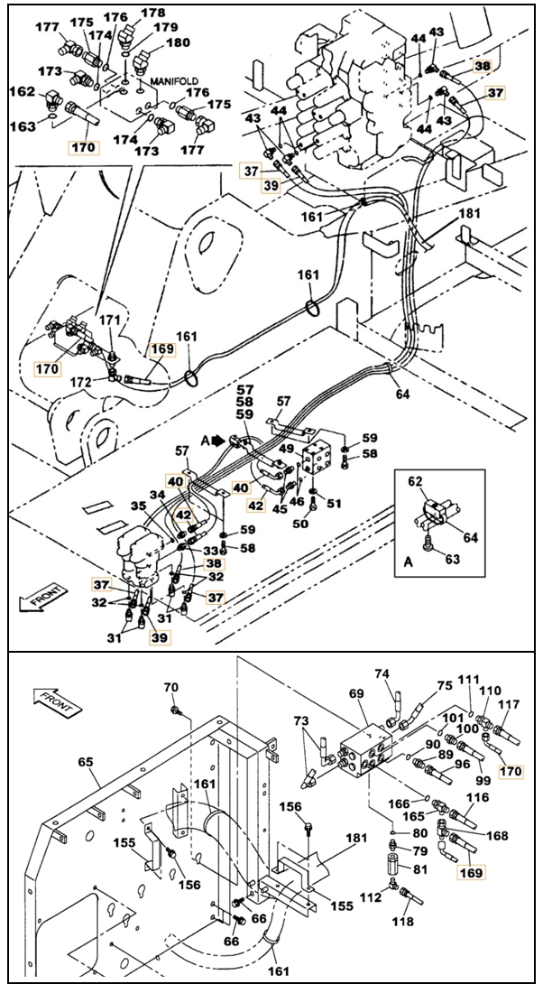 Case CX210 installation diagram showing hydraulic hose 157203A1 at Pipe No. 39