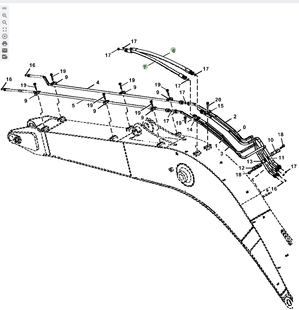 Hitachi ZX135US-5N installation diagram showing hydraulic hose 4658964 at Pipe No. 7