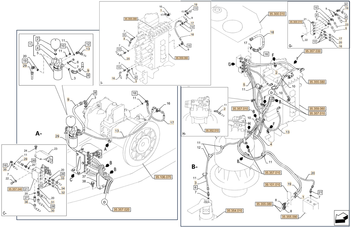 Case CX350D LC installation diagram showing hydraulic hose KHJ2239 at Pipe No. G20-I20