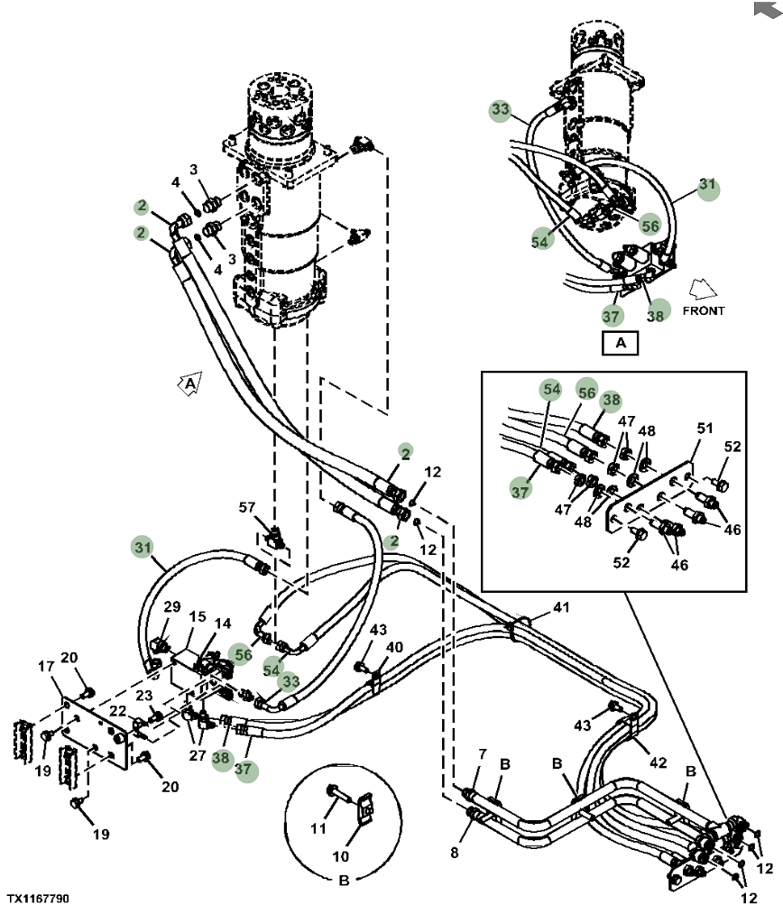 Hitachi ZX190W-5N installation diagram showing hydraulic hose 4448946 at Pipe No. 31