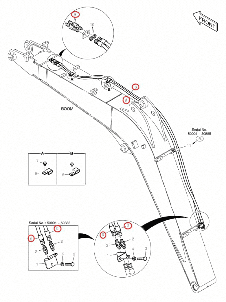 Doosan DX60R installation diagram showing hydraulic hose 2184-1026D210 at Pipe No. 8