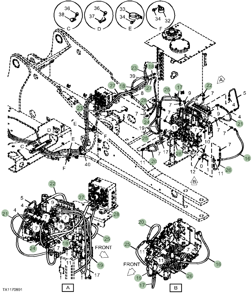 Hitachi ZX230W-5N installation diagram showing hydraulic hose 4634380 at Pipe No. 23
