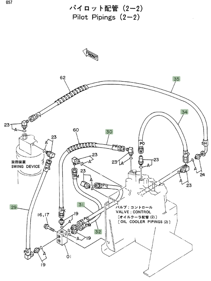Hitachi EX100 installation diagram showing hydraulic hose 4203111 at Pipe No. 35