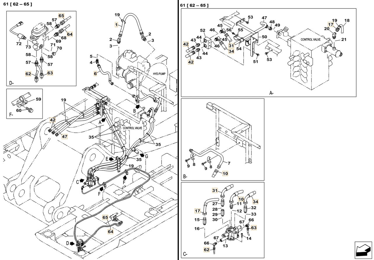Case CX490C LC installation diagram showing hydraulic hose KHJ12230 at Pipe No. 63