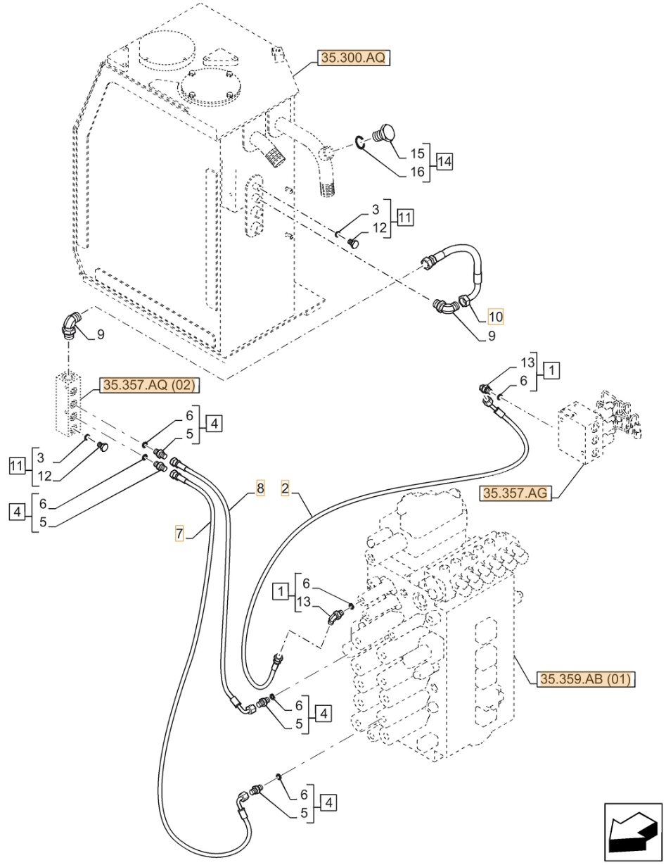 Case CX370D NLC installation diagram showing hydraulic hose KHJ2239 at Pipe No. 8