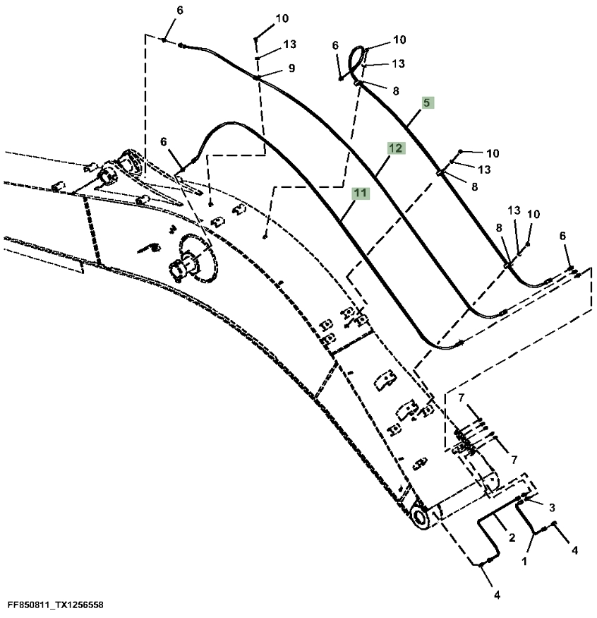 Hitachi ZX210-5A installation diagram showing hydraulic hose 4447713 at Pipe No. 5