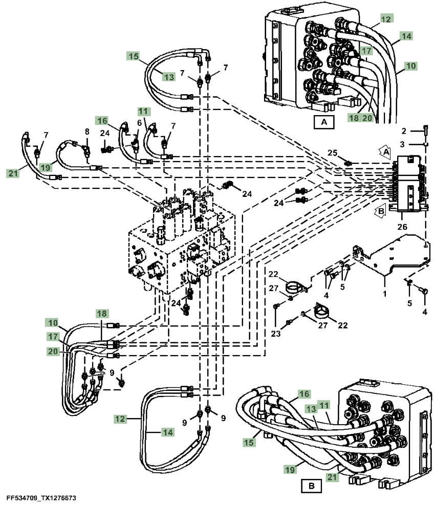 Hitachi ZX210-5A installation diagram showing hydraulic hose 4630934 at Pipe No. 10