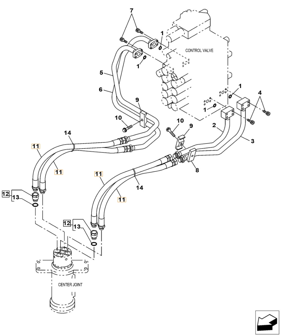 Case CX210C installation diagram showing hydraulic hose KRJ10710 at Pipe No. 11