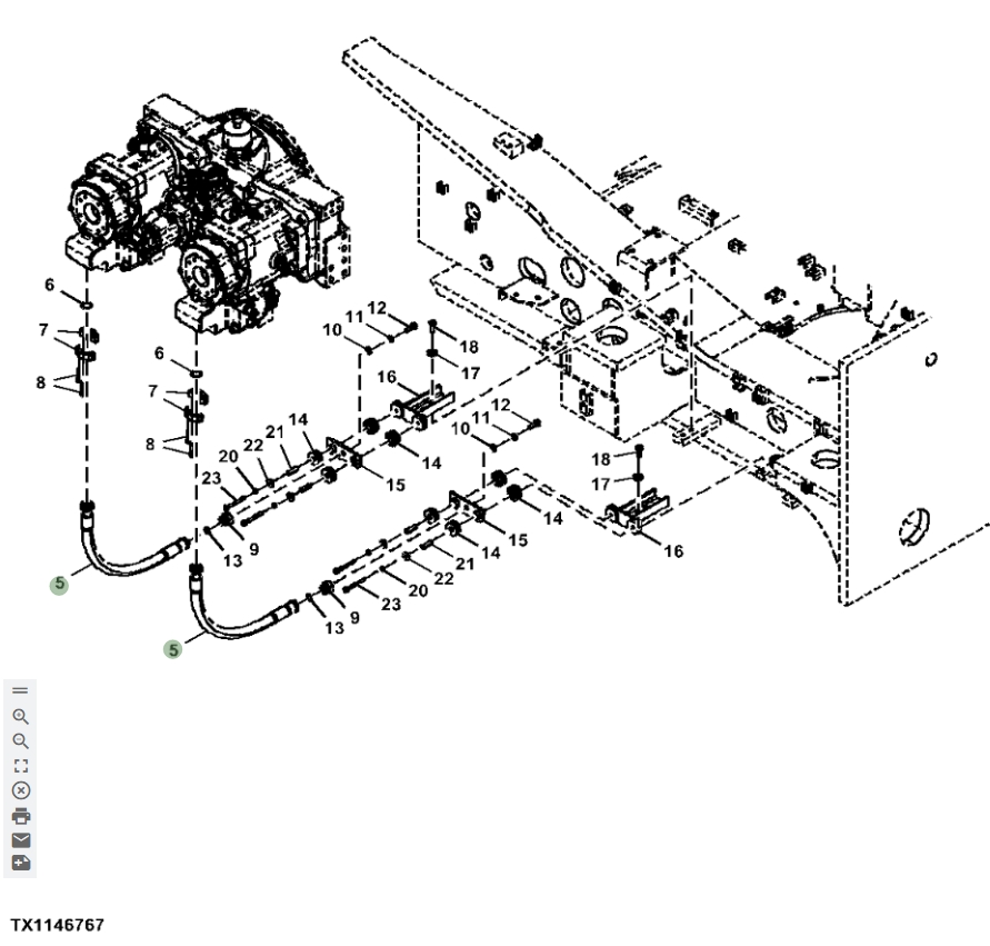 Hitachi ZX870LC-5G installation diagram showing hydraulic hose 4702228 at Pipe No. 5