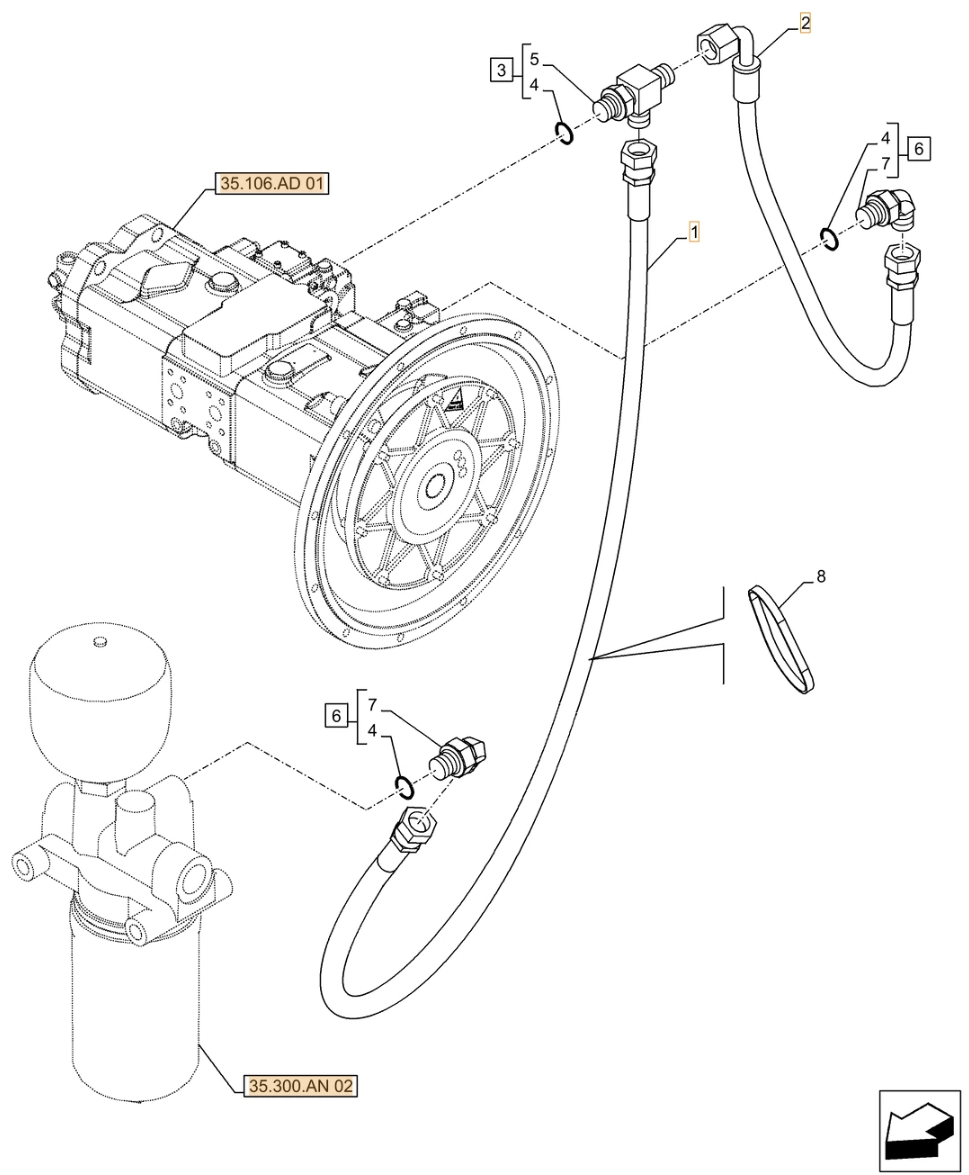 Case CX490D RTC installation diagram showing hydraulic hose KHJ2342 at Pipe No. 2