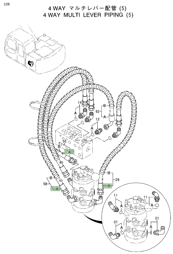 Hitachi EX100M-5 installation diagram showing hydraulic hose 4350749 at Pipe No. 56A