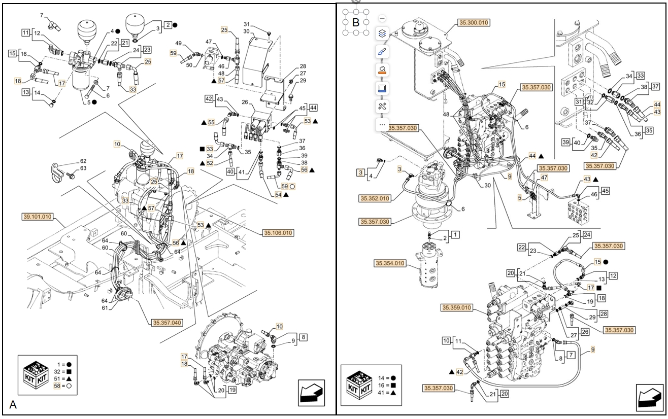 Case CX130D LC installation diagram showing hydraulic hose KHJ2342 at Pipe No. 59